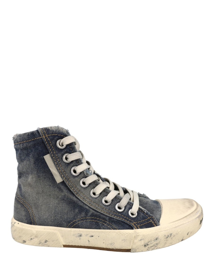 Balenciaga Faded Denim High-Top Sneakers With Frayed Trim And Distressed Sole