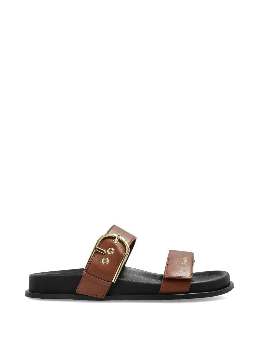 Furla Solea Sandal Brown Leather Gold Buckle