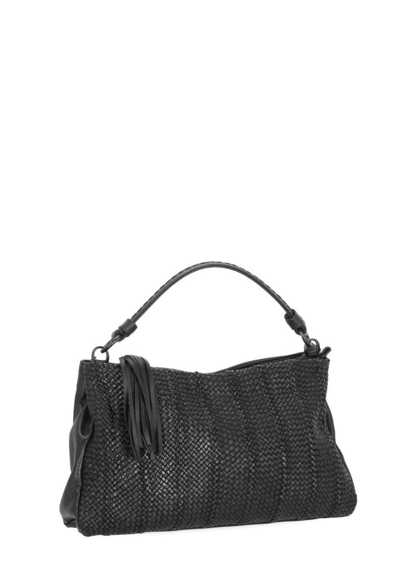Reptile's House Fringed Braided Black Shoulder Bag With Dual Compartments