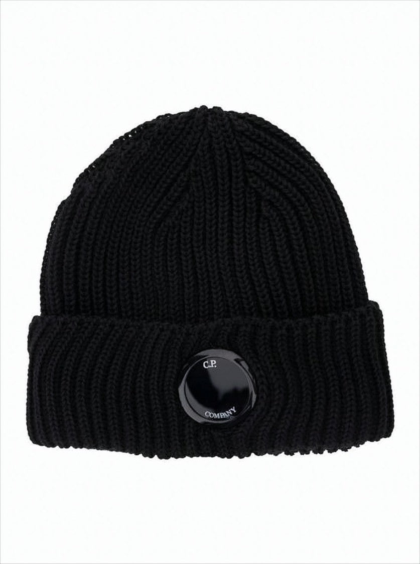 C.P. Company Ribbed Wool Beanie With Glossy Emblem