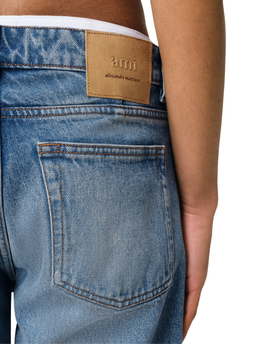 Ami Straight-Leg Denim Jeans With Faded Blue Wash And Leather Accent