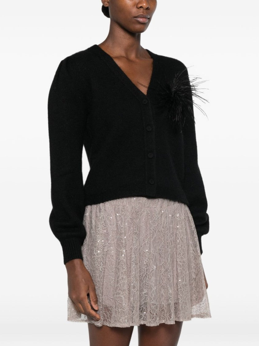 Twin-Set Cropped Deep V-Neck Puff-Sleeve Knit Sweater