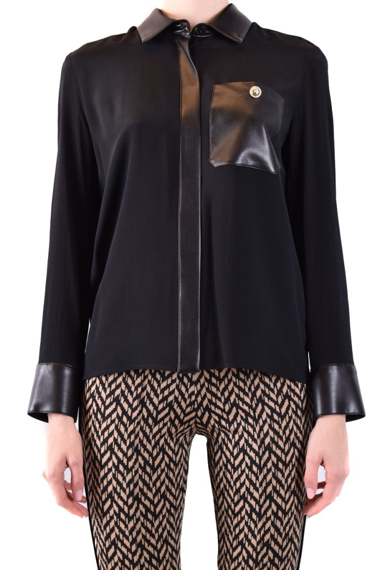 Simona Corsellini Sleek Black Shirt Glossy Leather Accents