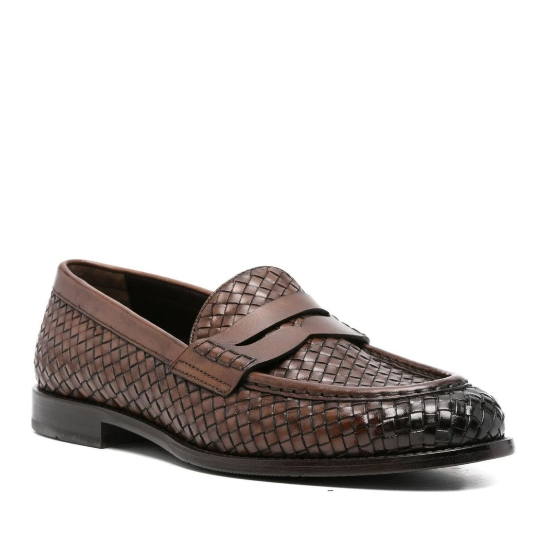 John Harrison Brown Woven Leather Penny Strap Loafers