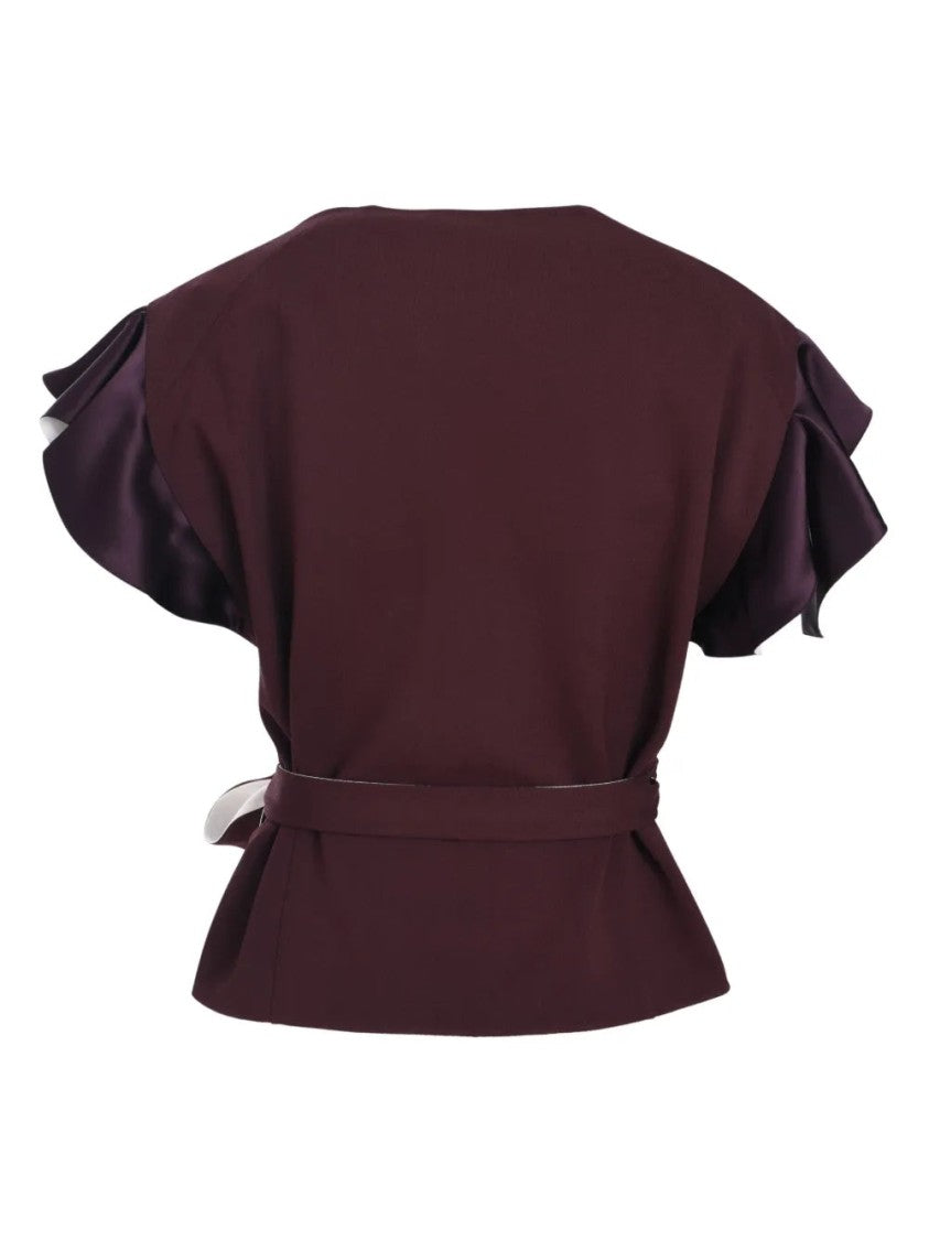 Lanvin Red Wrap Deep V-Neckline Nylon Blouse