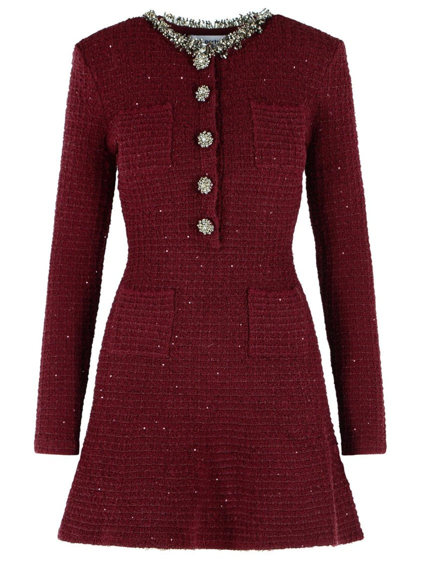 Self-Portrait Burgundy Textured Mini Dress With Beaded Detailing