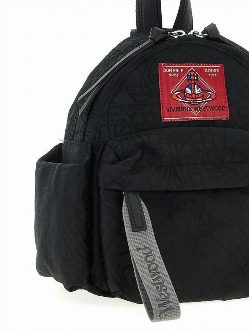 Vivienne Westwood Compact Black Backpack With Embossed Pattern And Graphic Logo