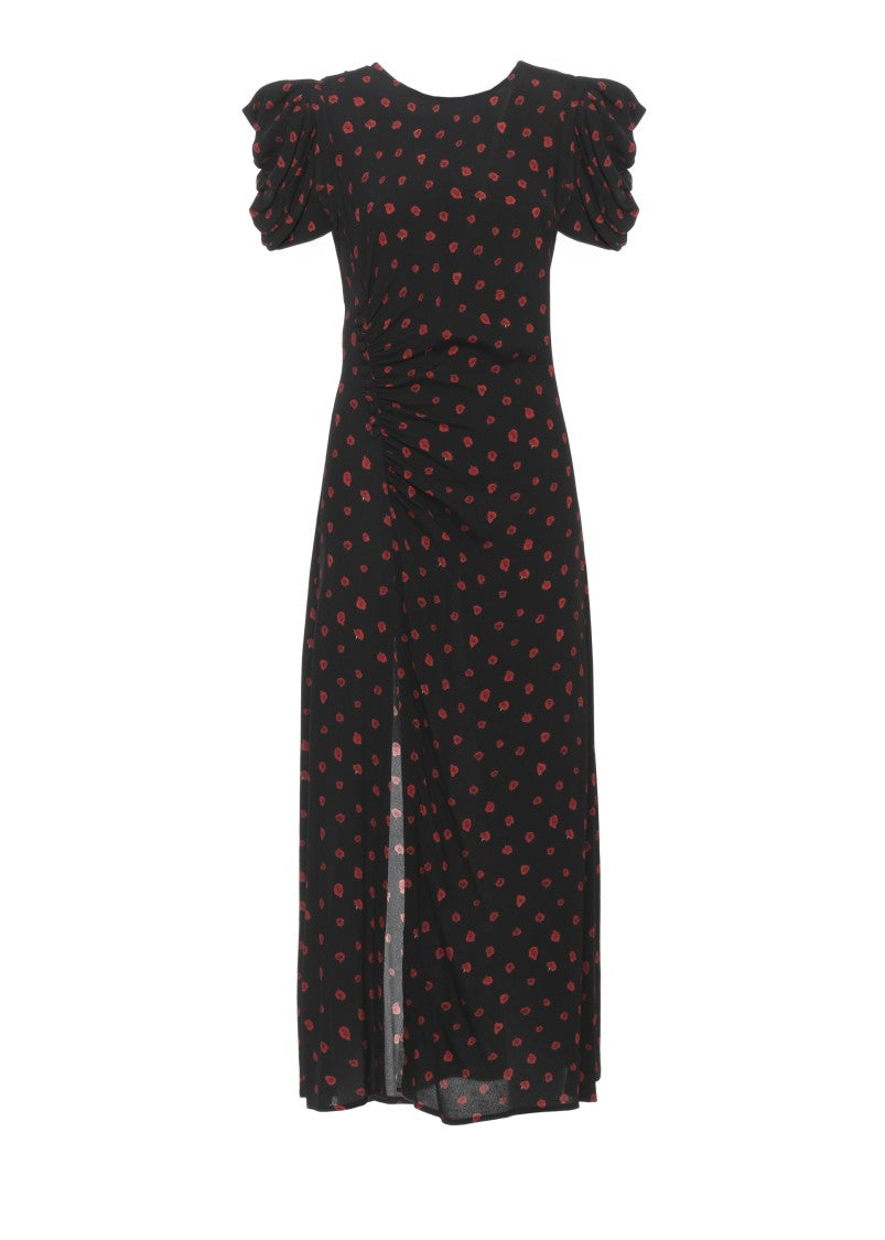 Mar De Margaritas Floral Patterned Midi Dress With Draped Front And Puffed Sleeves