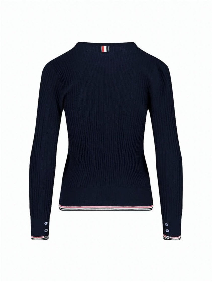 Thom Browne Ribbed Knit Sweater With Tricolor Stripe Trim