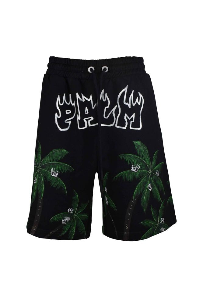 Palm Angels Black Cotton Shorts With Bold Flame Logo
