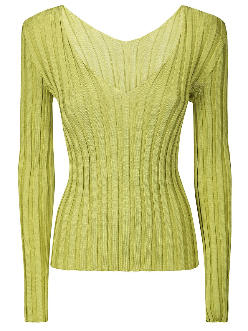 Lussi Fitted Ribbed Silk Sweater With Deep V-Neckline