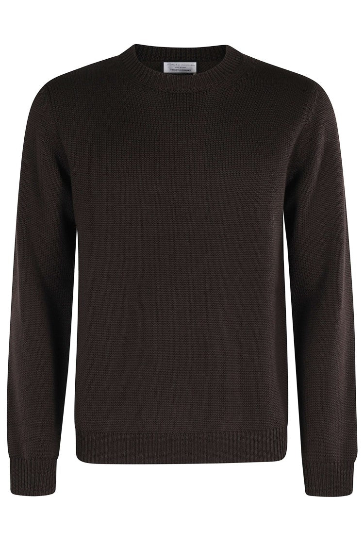 Roberto Collina Dark Brown Classic Crew-Neck Ribbed Merino Wool Sweater