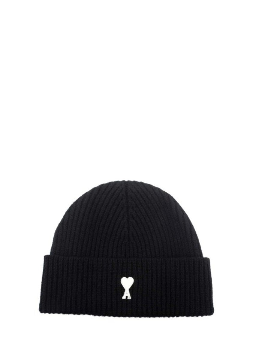 Ami Paris Black Ribbed Knit Cuffed Beanie