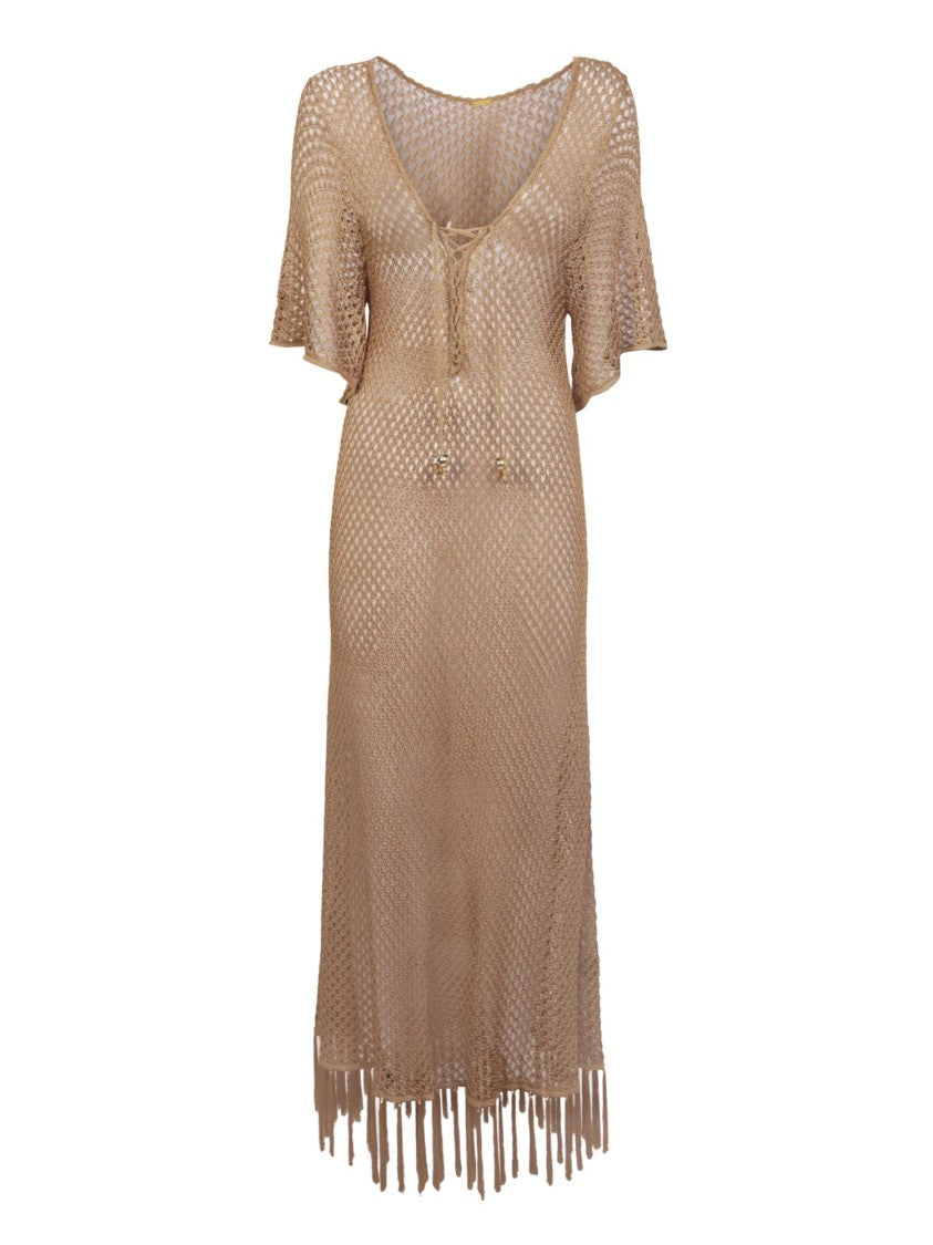 Dodo Bar Or Metallic Gold Mesh V-Neck Dress