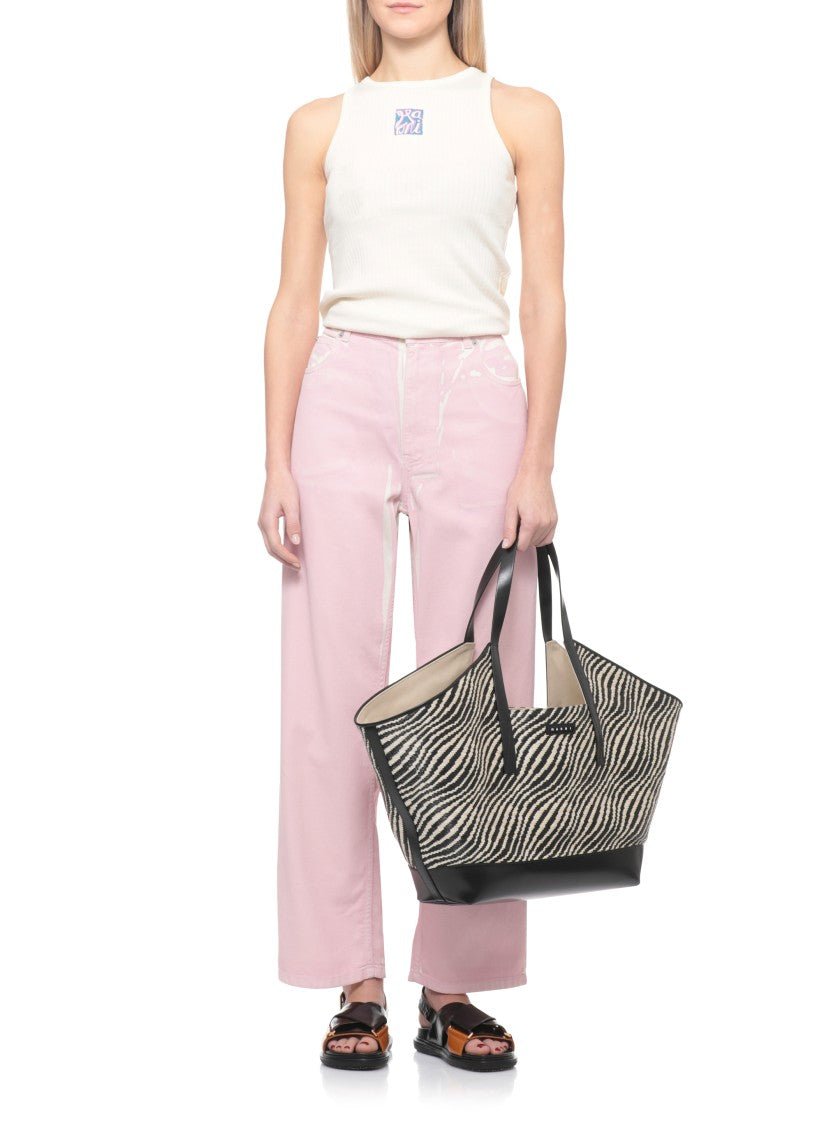 Marni Spacious Zebra Print Shoulder Bag With Logo Emblem