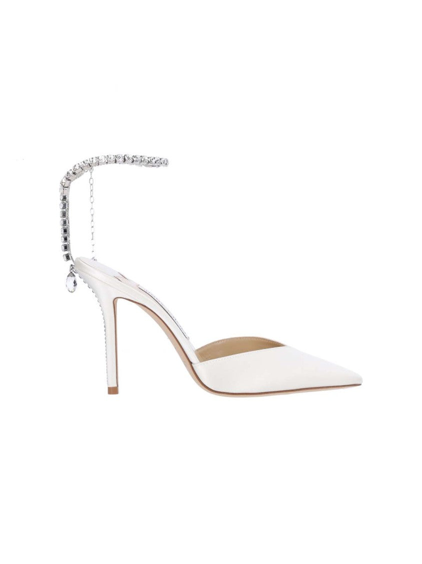 Jimmy Choo White High-Heeled Pumps With Rhinestone Ankle Strap