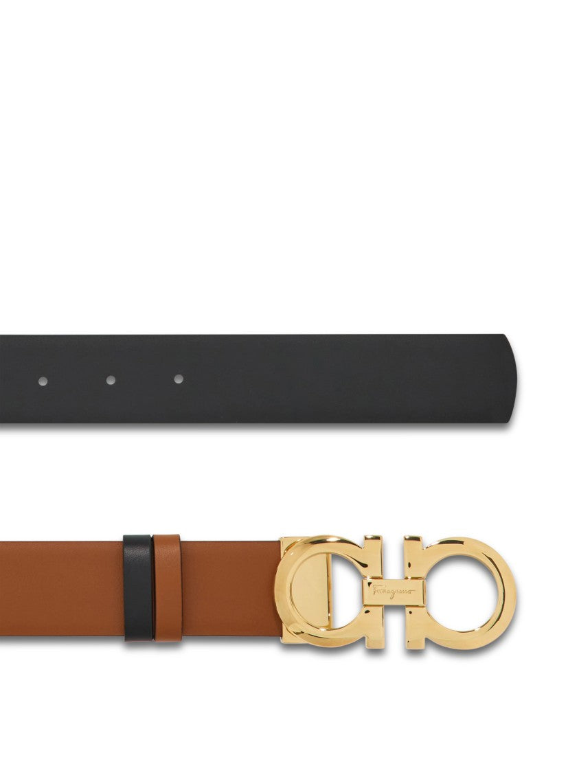 Ferragamo Brown Leather Belt With Gold-Tone Double Gancini Buckle