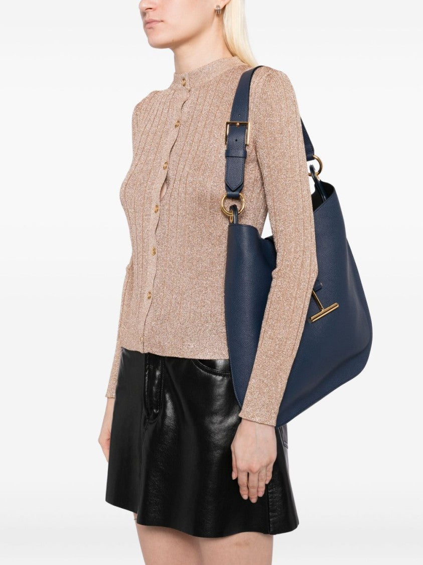 Tom Ford Navy Blue Hammered Calfskin Tara Shoulder Bag