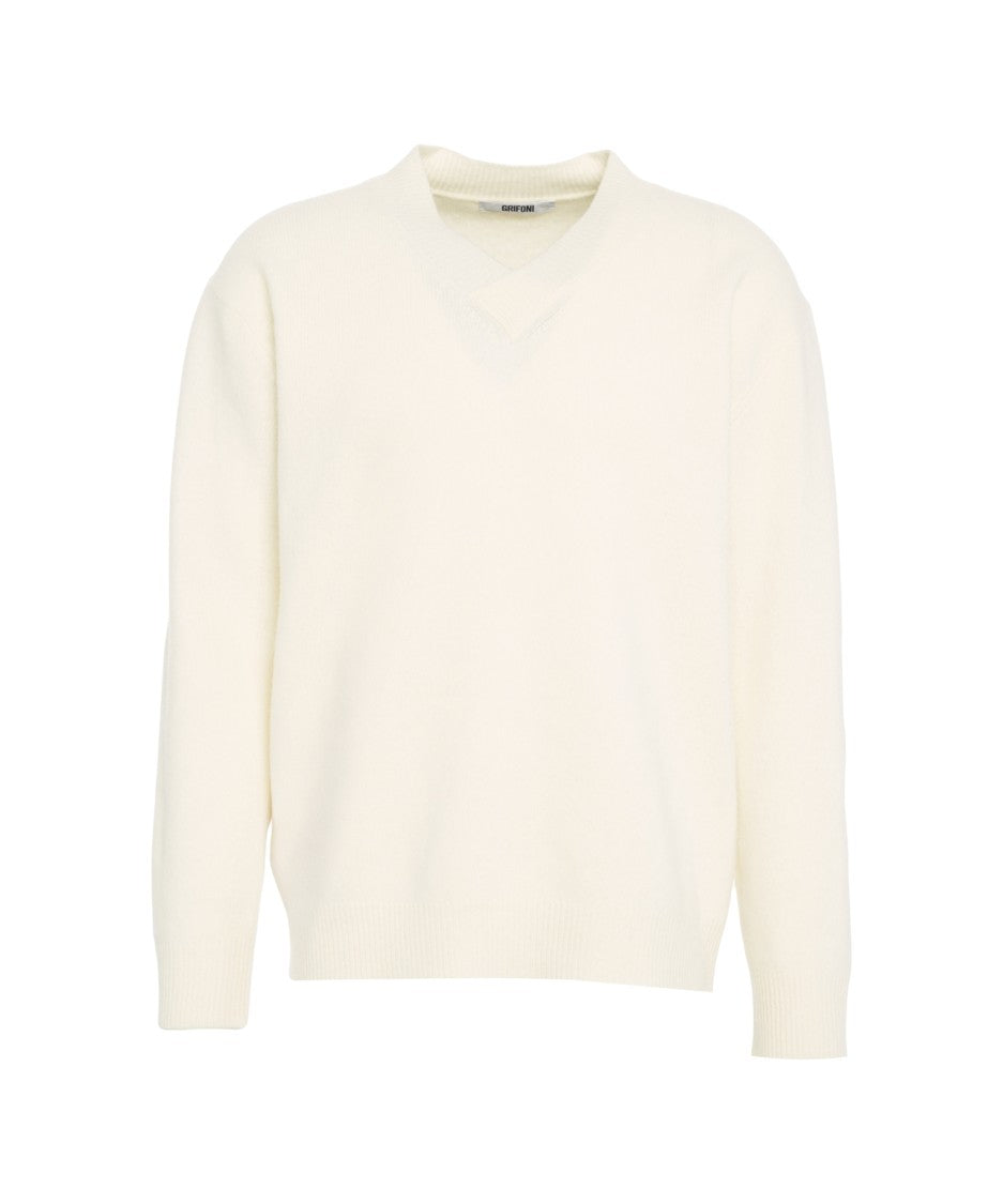 Grifoni V-Neck Knit Sweater In Classic White Wool