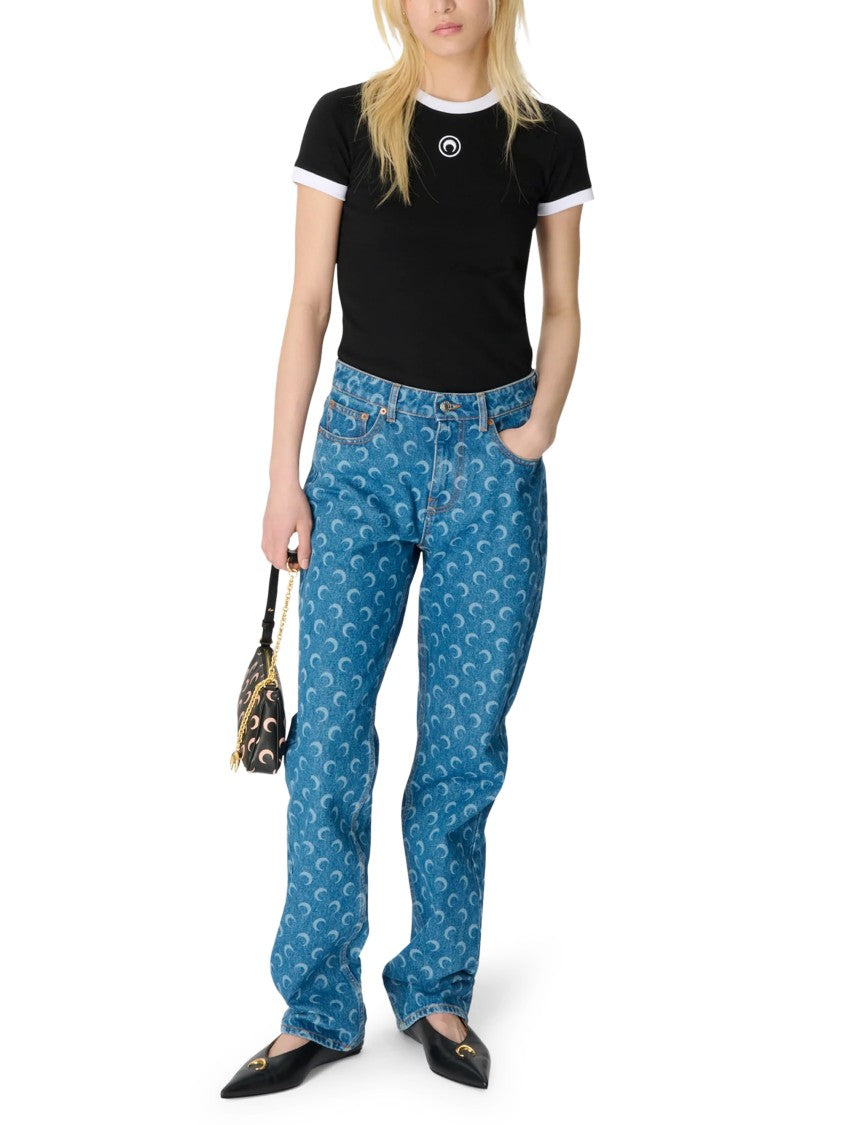 Marine Serre Straight-Leg Denim Jeans With Crescent Moon Pattern