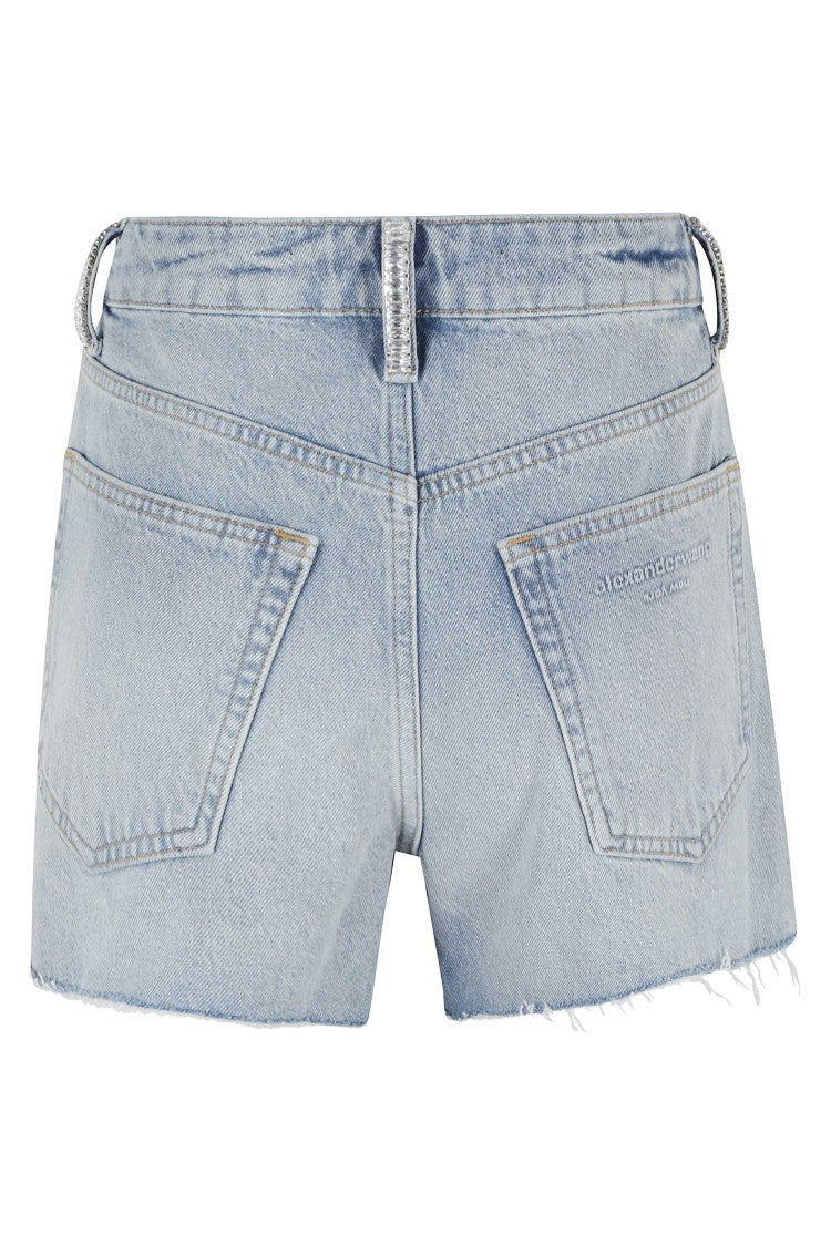 Alexander Wang Light Denim Mid Rise Relaxed Crystal Belt-Loops Cotton Denim Shorts