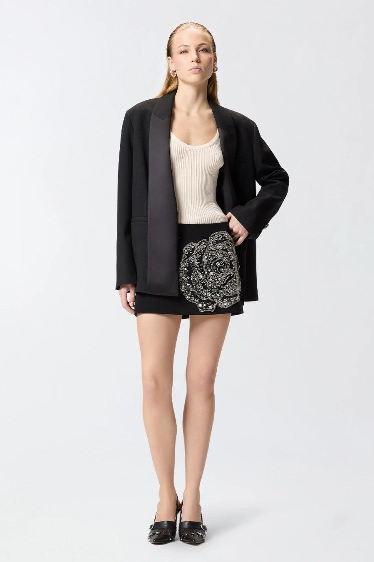 Pinko Black Cavolfiore Crystal Rose Applique Viscose-Blend Mini Skirt