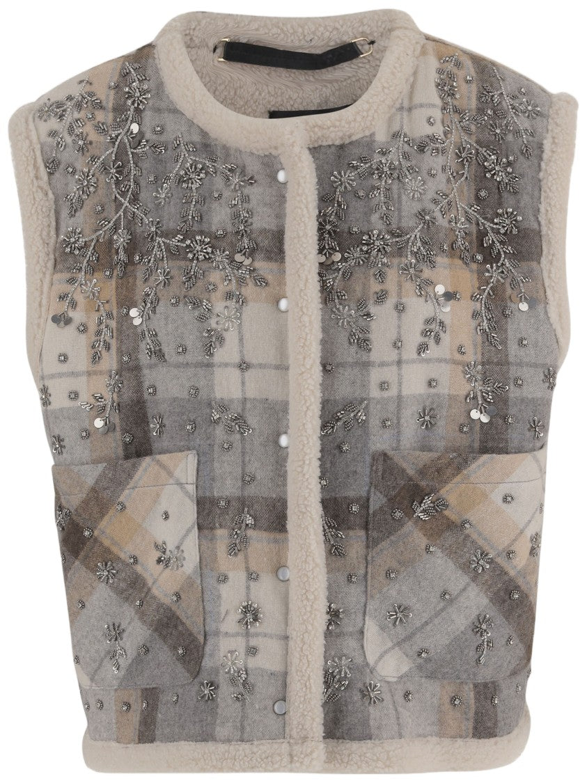 Novelle Multi-Tone Checked Vest With Floral Embroidery And Snap Closure