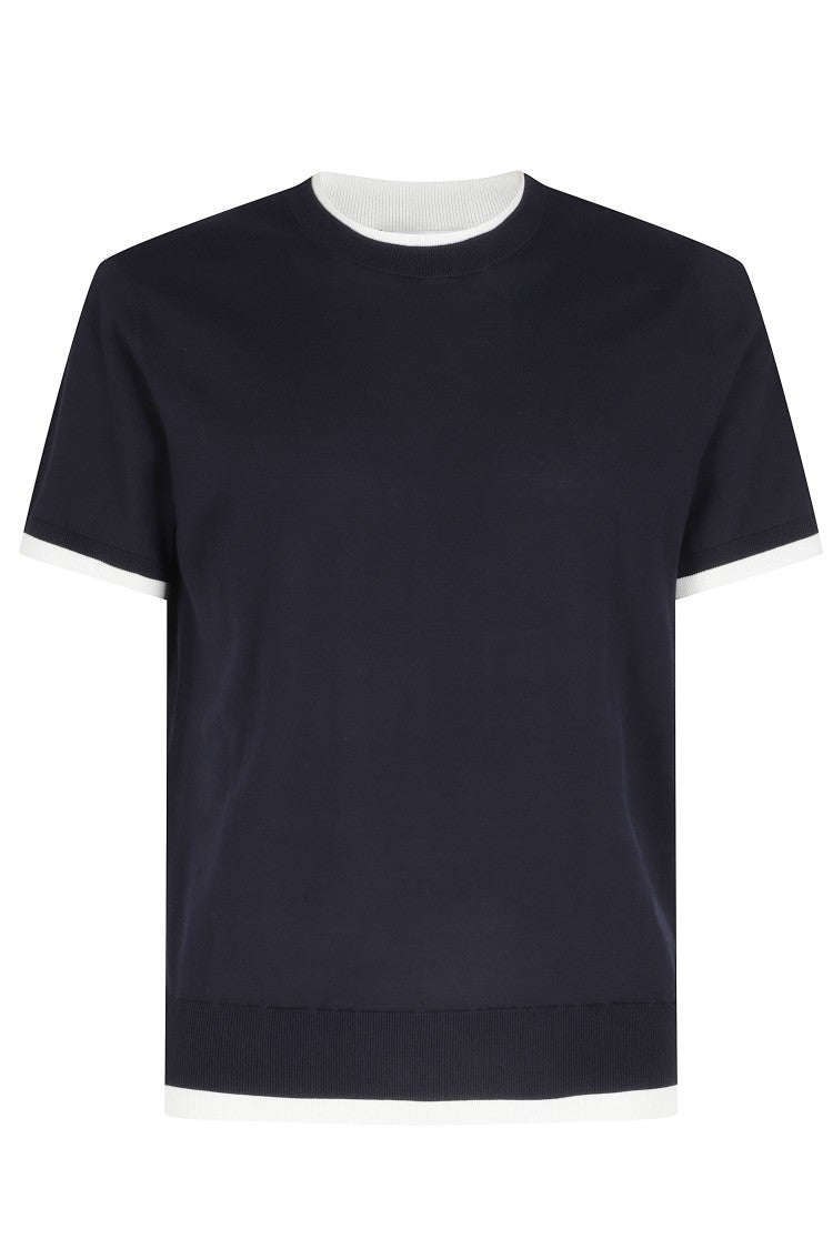 Paolo Pecora Blue Round Neck Ribbed-Trim Cotton Knit T-Shirt