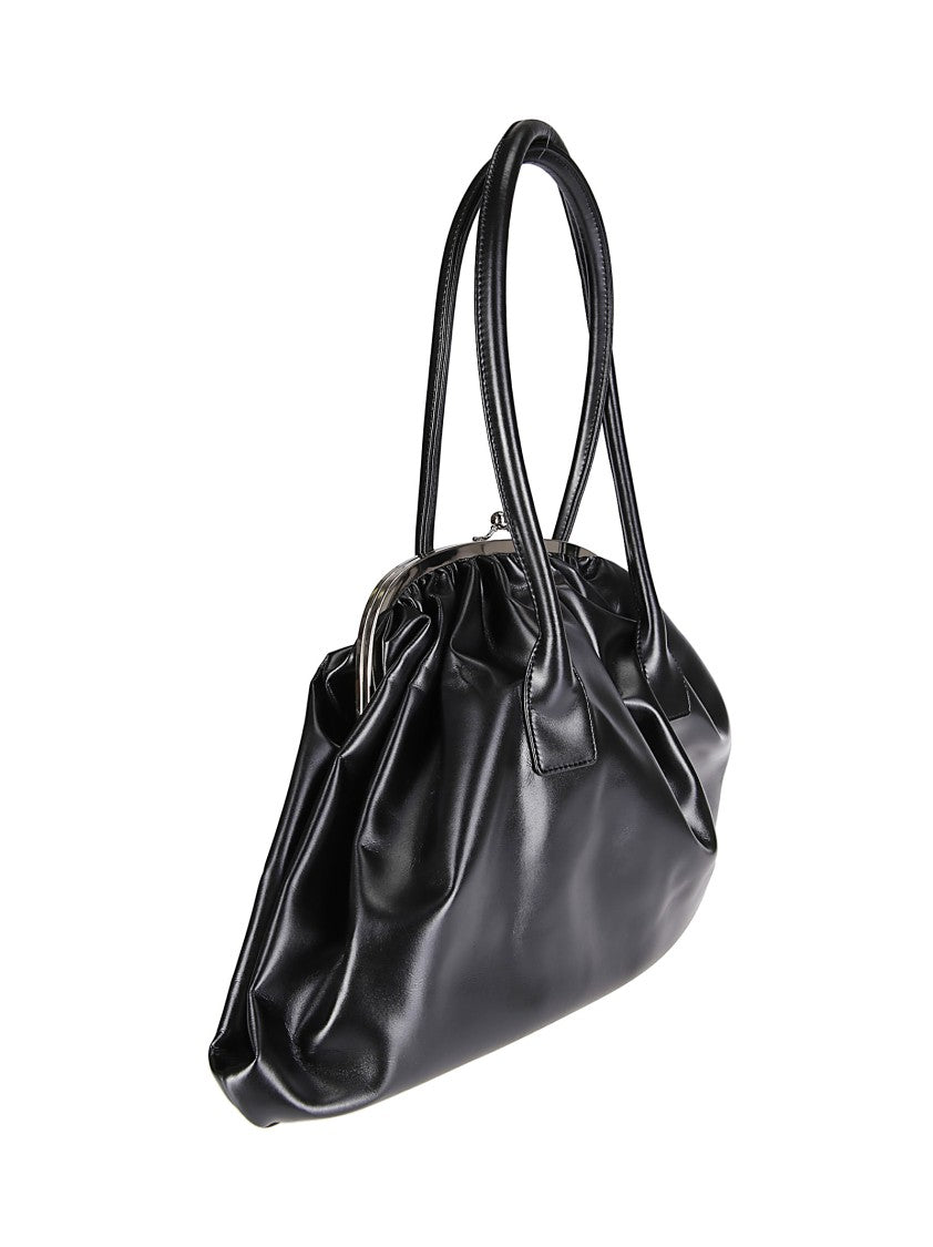 Comme Des Garçons Ruched Black Handbag With Rounded Handles And Metal Clasp