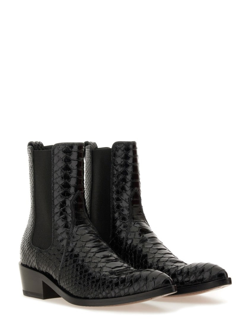 Tom Ford Pointed Toe Leather Ankle Boot With Snakeskin Finish