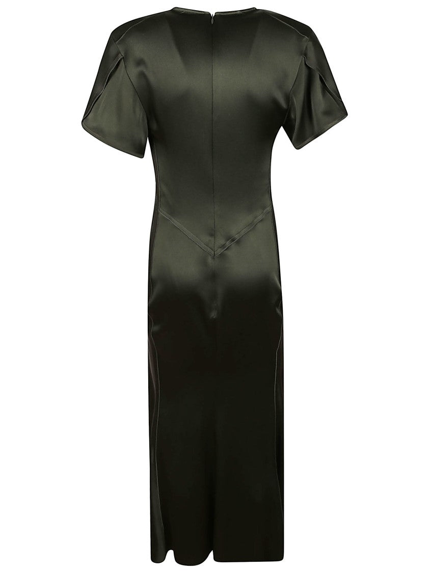 Victoria Beckham V-Neck Satin Midi Dress With Gathered Waist Detail