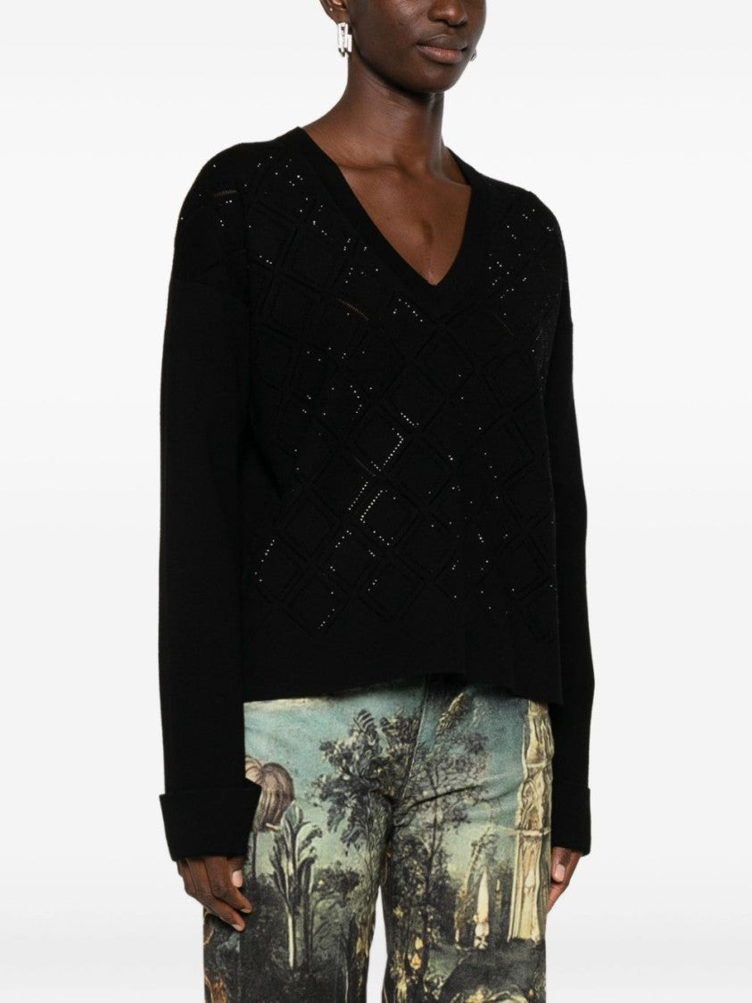 Blugirl V-Neck Black Sweater With Geometric Pattern And Embellished Detailing