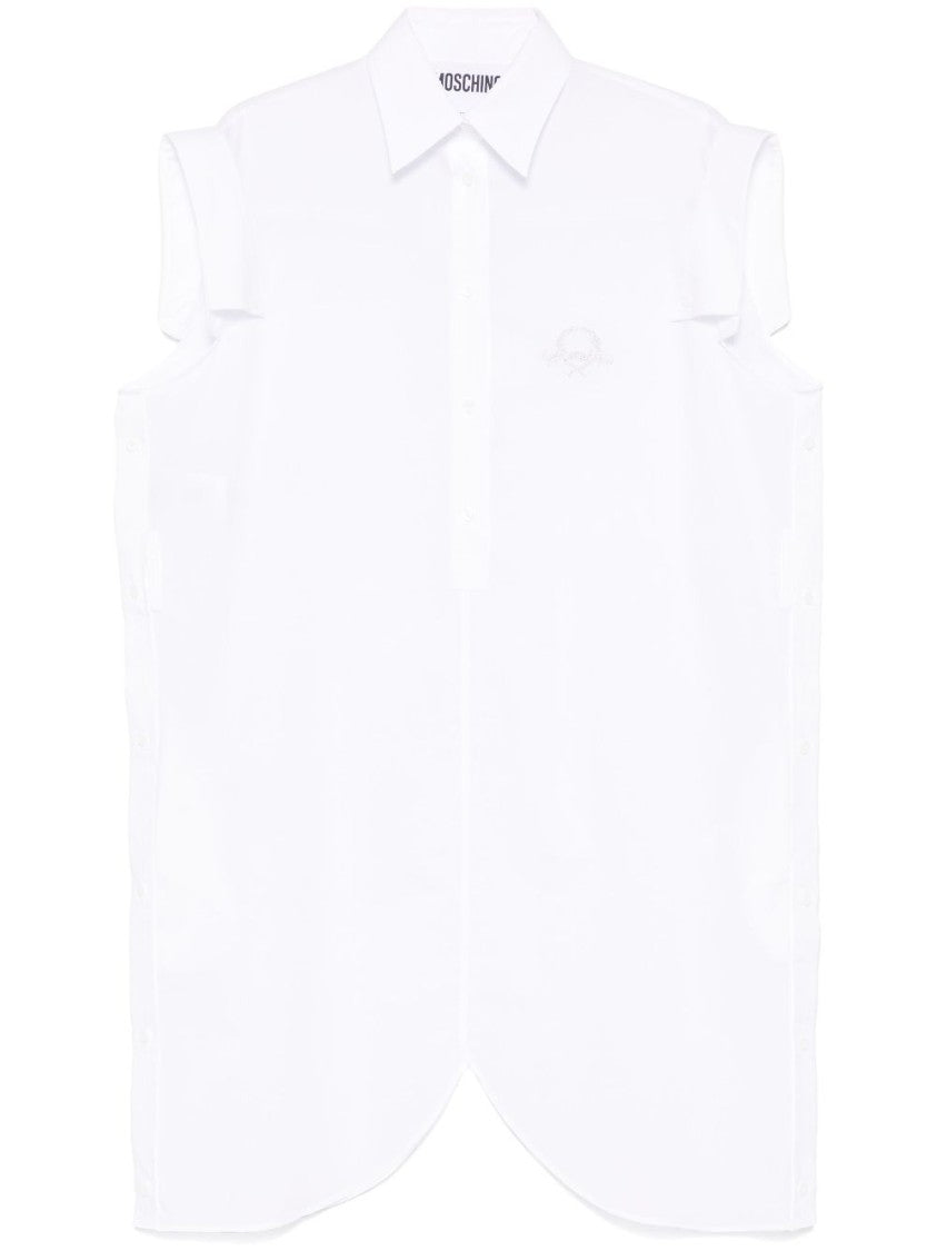 Moschino White Embroidered Logo Sleeveless Shirt Dress