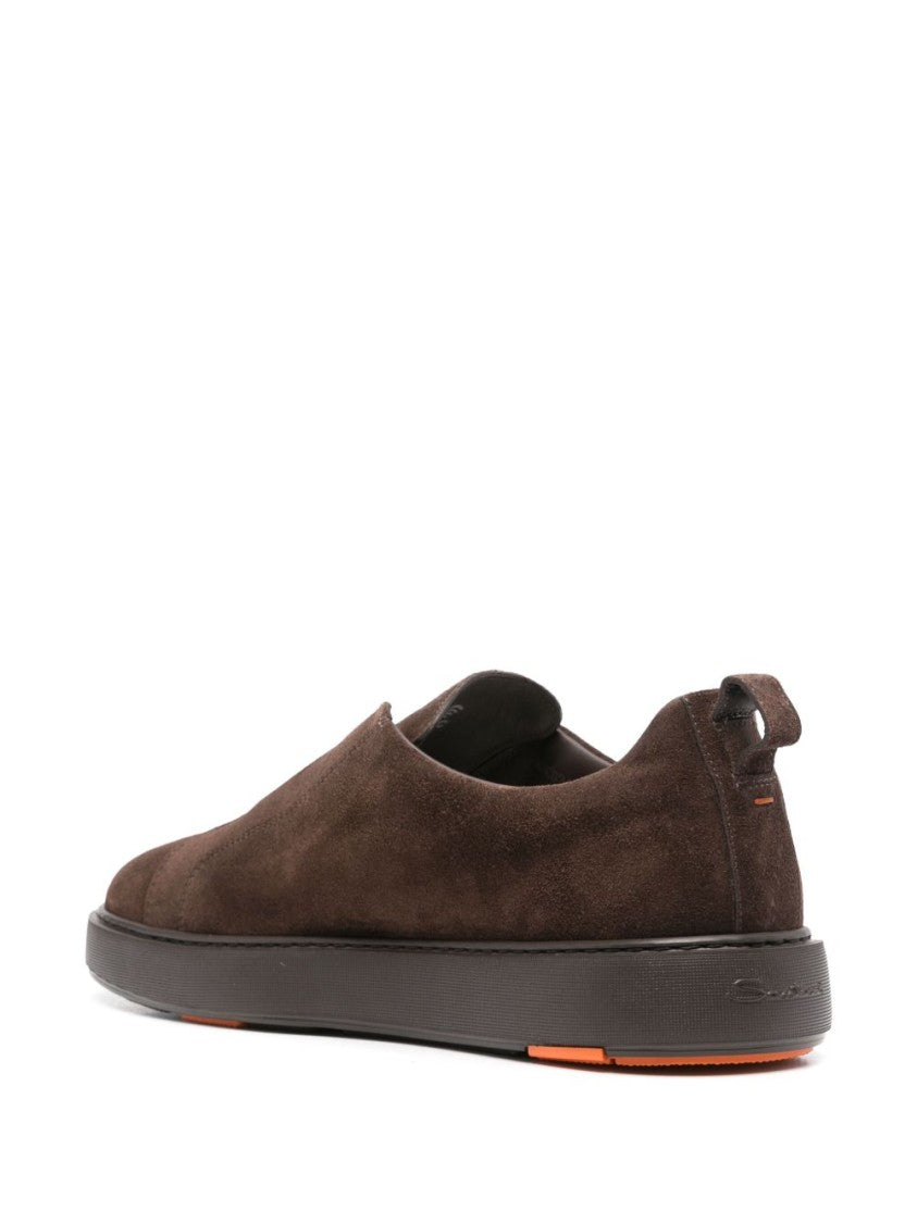 Santoni Coffee Brown Calf Suede Slip-On Sneakers