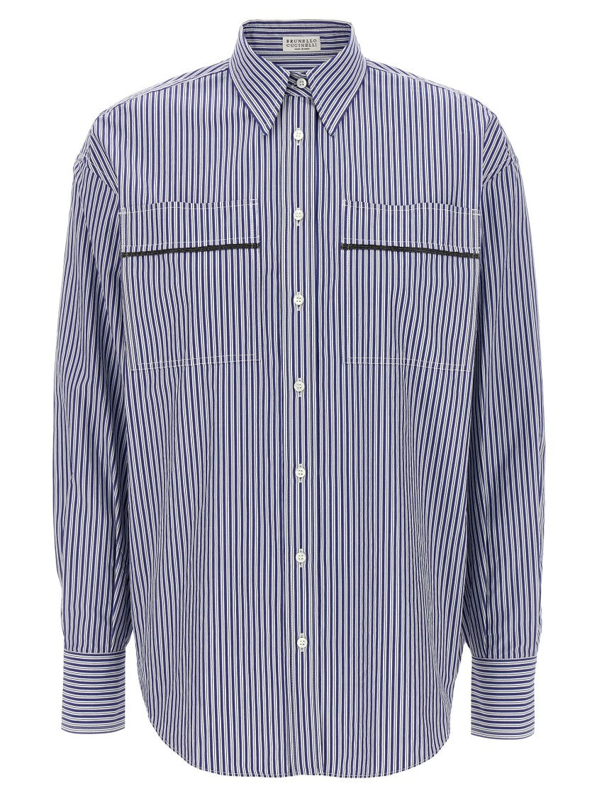 Brunello Cucinelli Classic Striped Cotton Shirt With Monile Accents