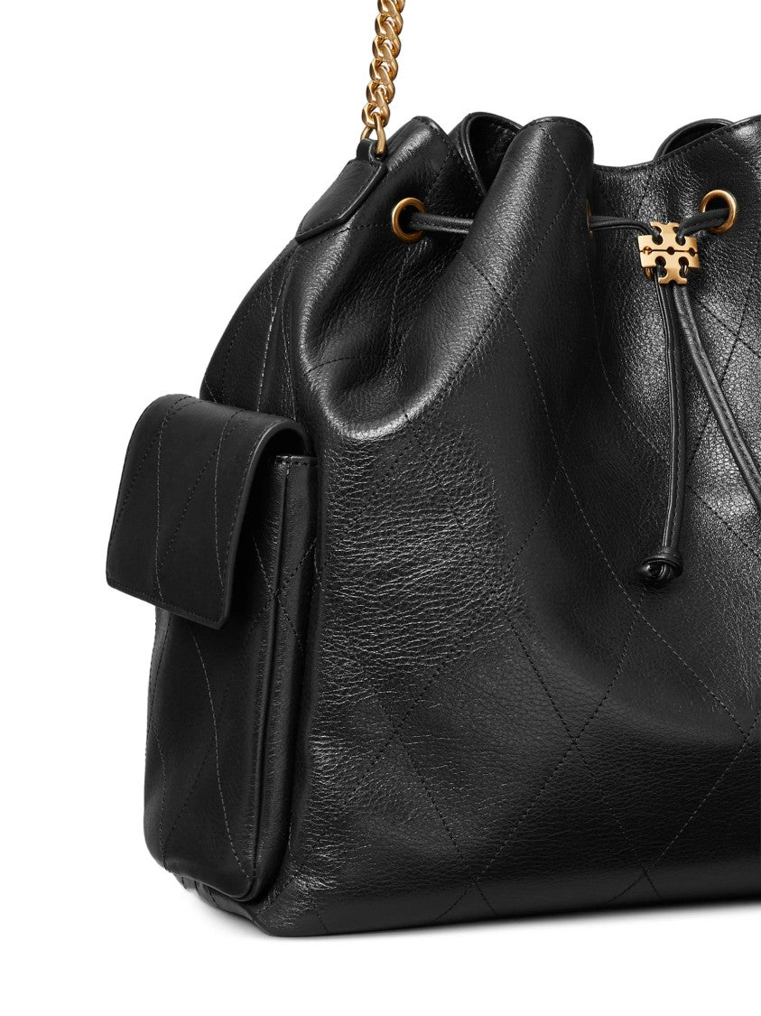 Tory Burch Black Charlie Leather Drawstring Shoulder Bag