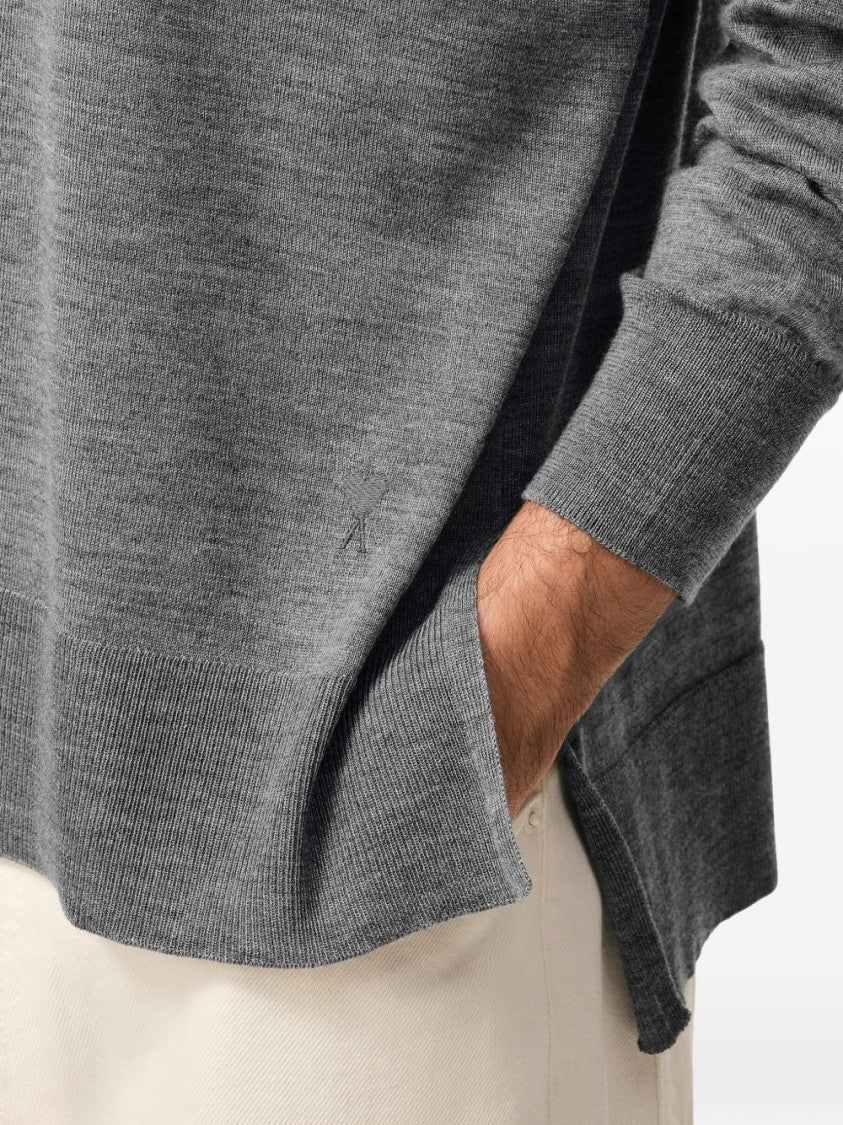 Ami Paris Grey Ribbed Finishes Wool Sweater