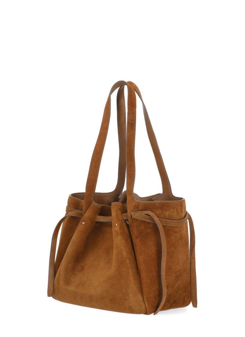 Tory Burch Brown Suede Gold Logo Trapezoidal Shoulder Bag