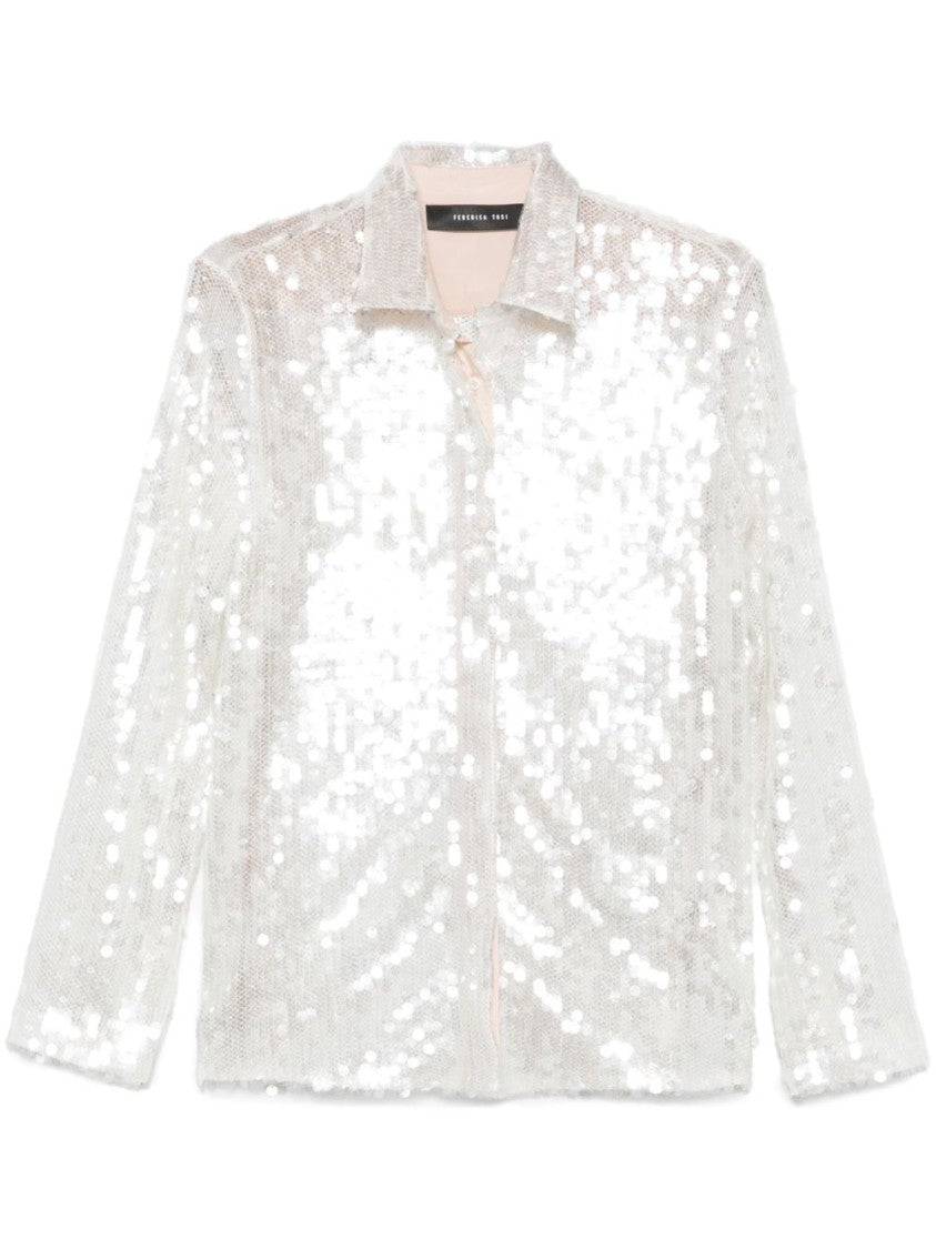 Federica Tosi Sequined Silver Shirt With Classic Collar