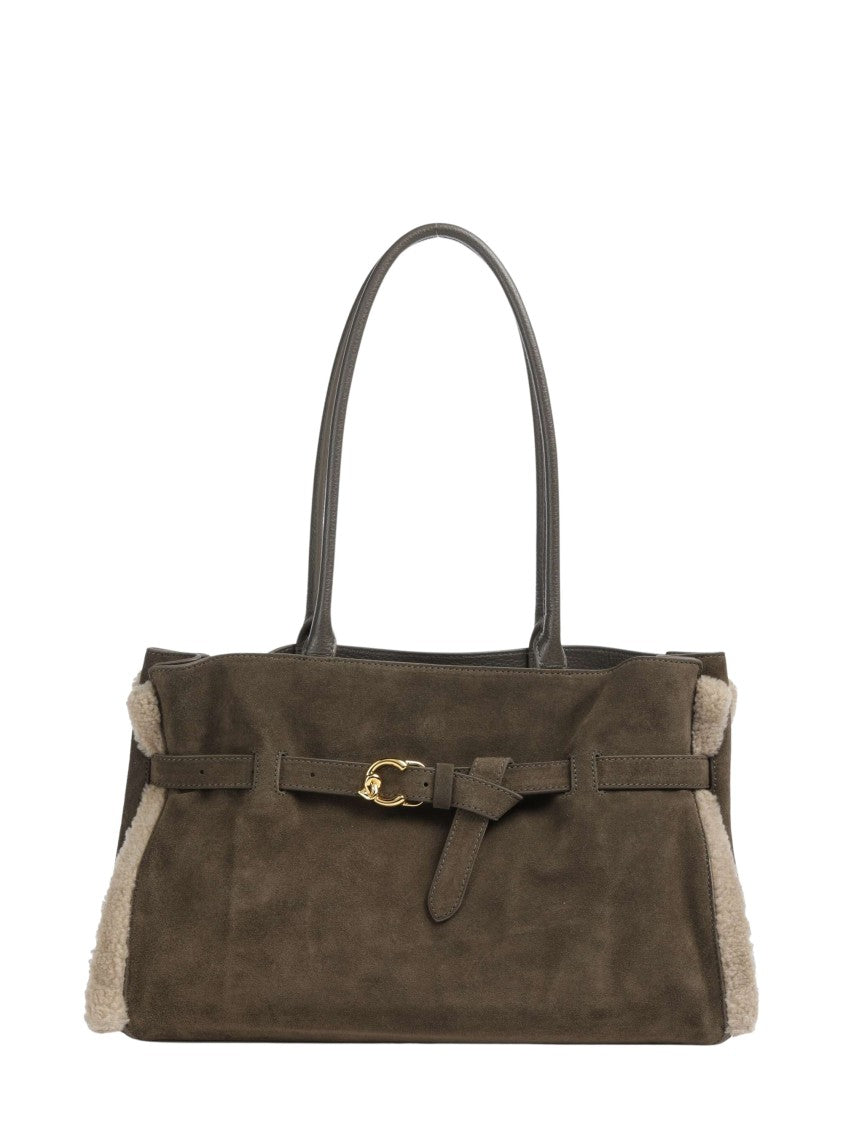 Coccinelle Rectangular Soft Suede Tote Bag With Gold-Tone Buckle