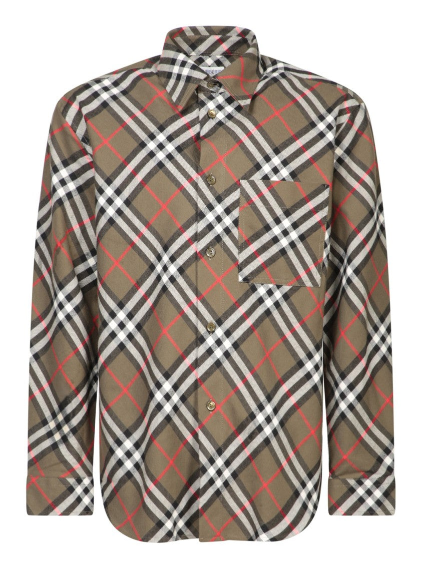 Burberry Olive Green Shirt With Classic Check Pattern