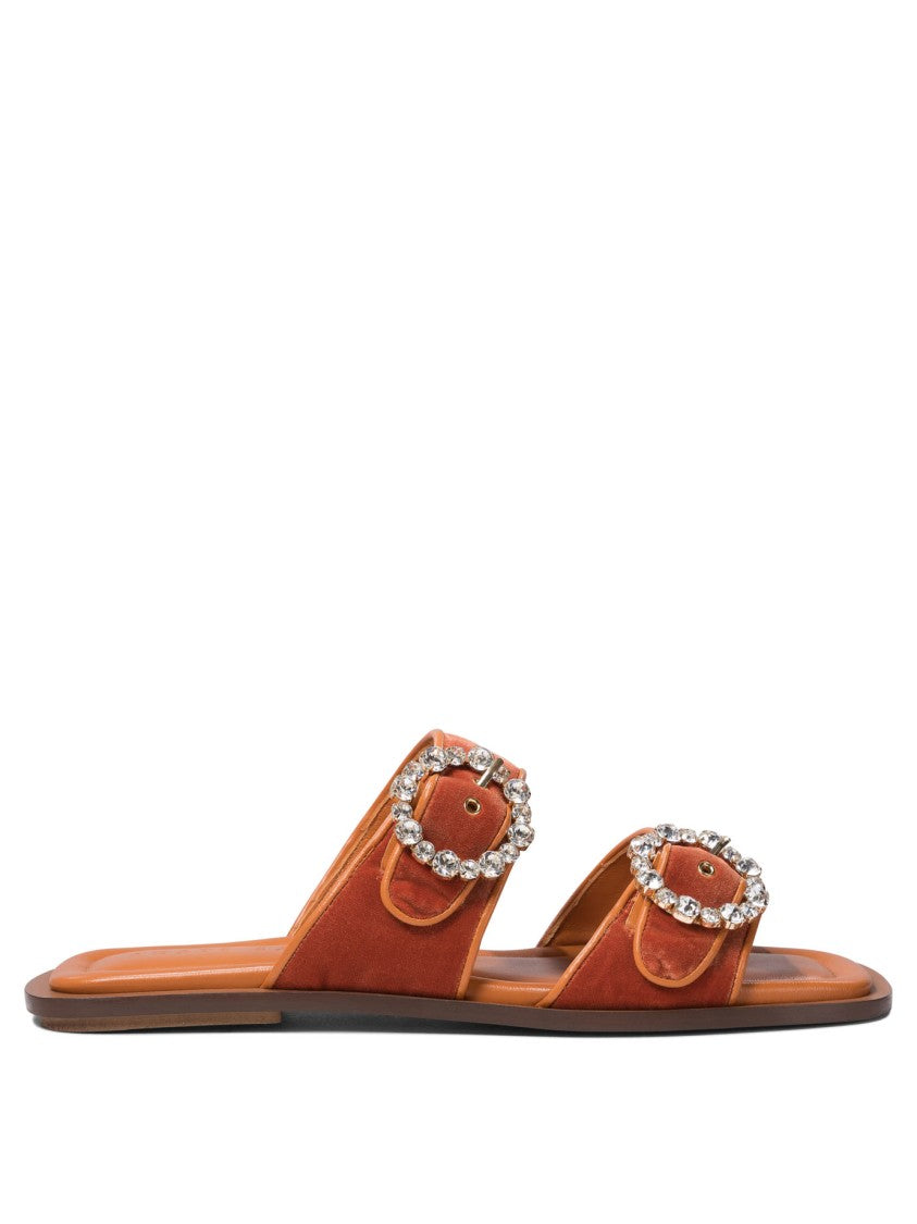 Amato Daniele Orange Velvet Loafers With Dual Strap And Embellishments