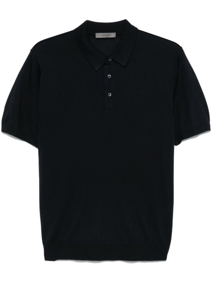 Corneliani Silk Polo-Design Black Sweater With Soft Collar