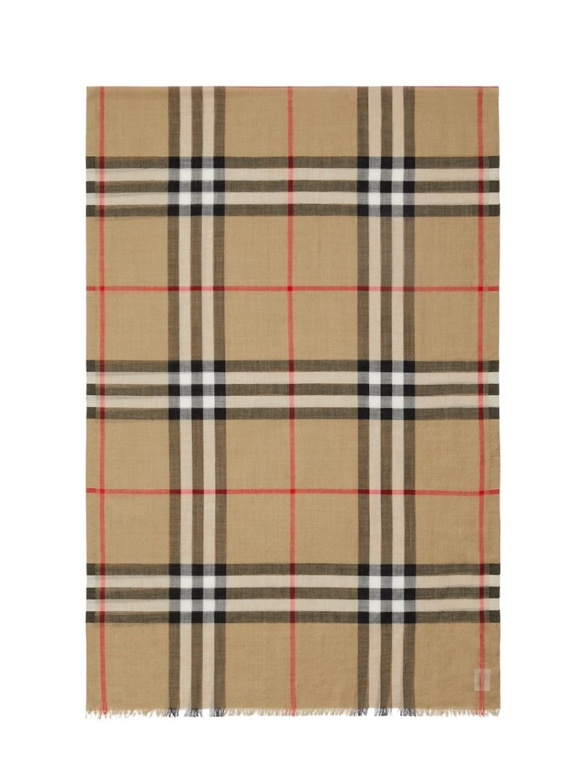 Burberry Check Pattern Beige-Red Wool-Silk Scarf