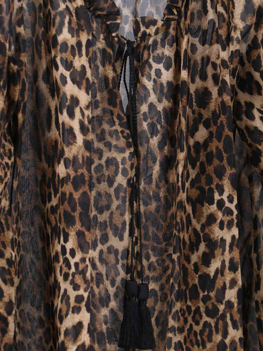 Nili Lotan Animal Print Silk Blouse With Ruffled Neckline