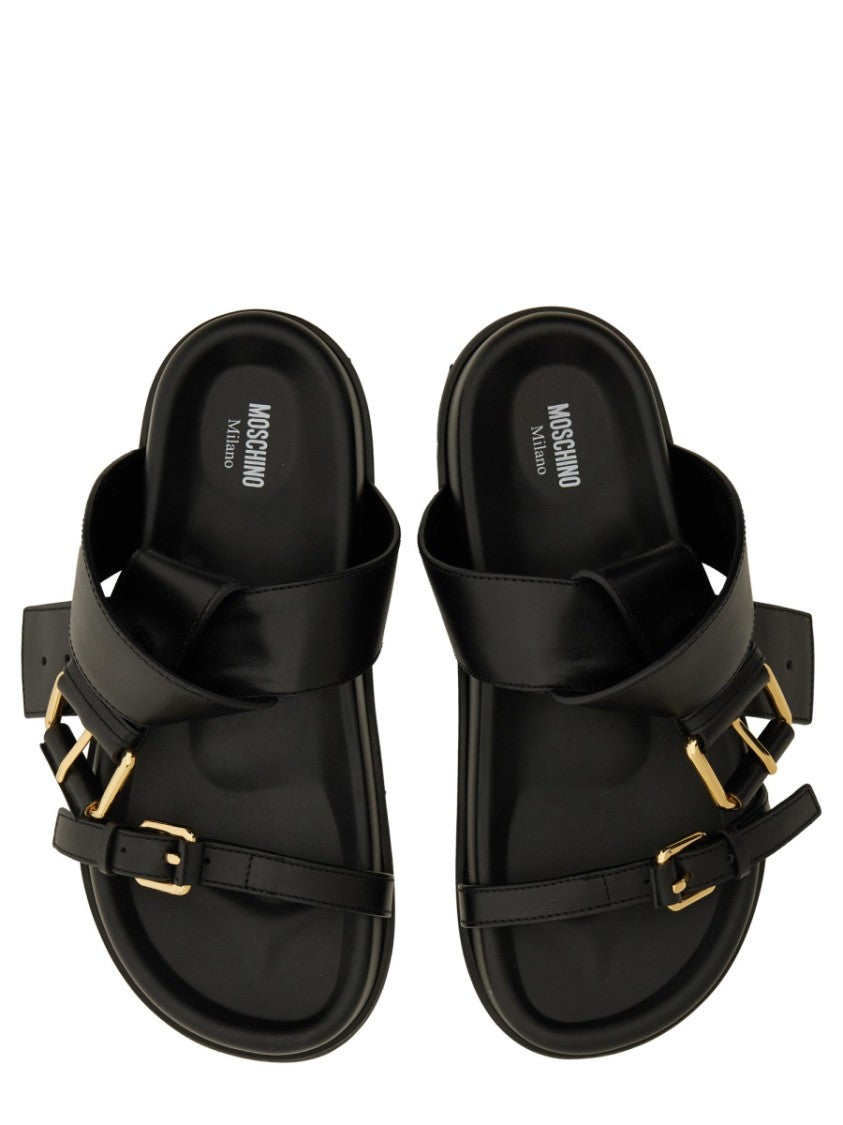 Moschino Black Leather Sandal With Woven Buckle Detail