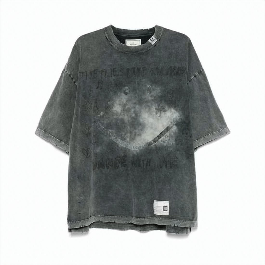 Maison Mihara Yasuhiro Washed Charcoal Grey Oversized Tee With Distressed Graphics