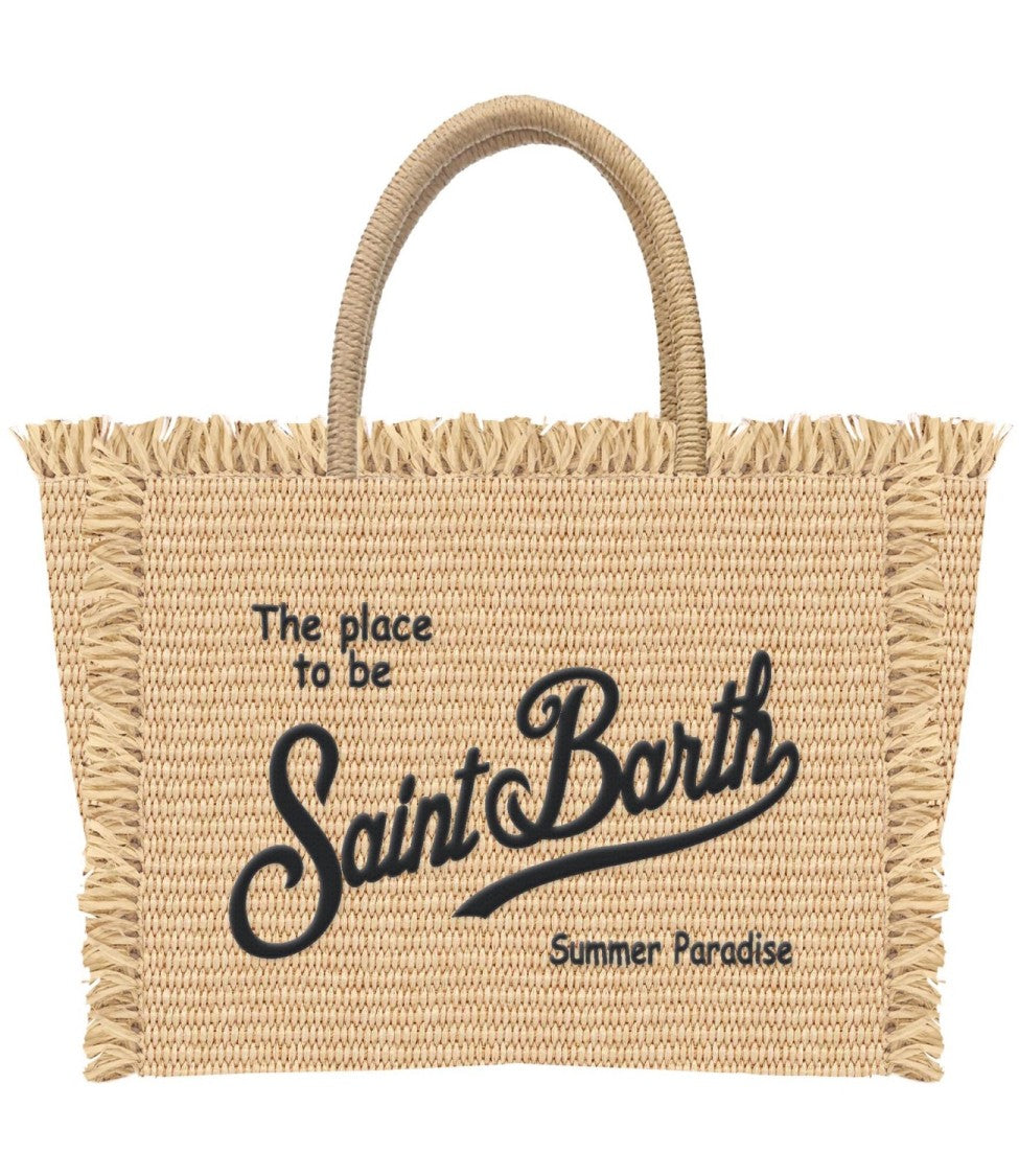 Mc2 Saint Barth Fringed Woven Tote Bag With Embroidered Text