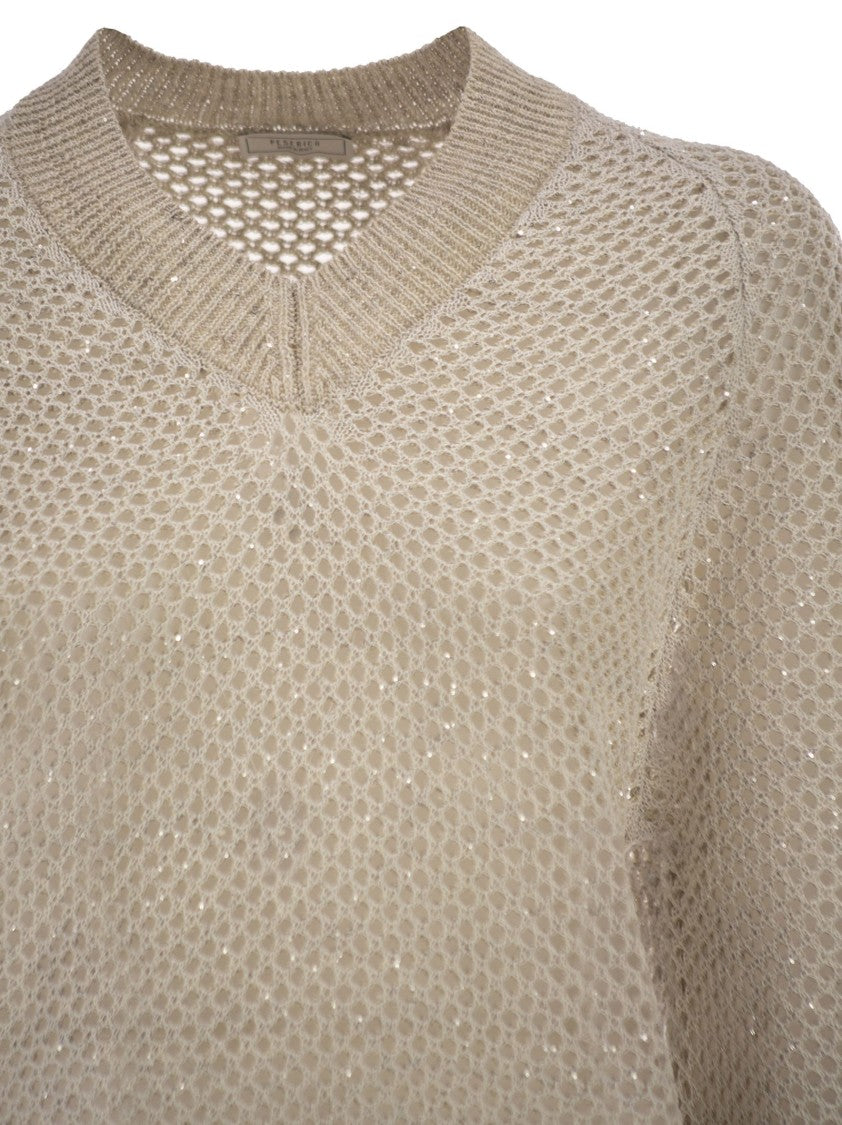 Peserico V-Neck Mesh Top In Linen And Cotton