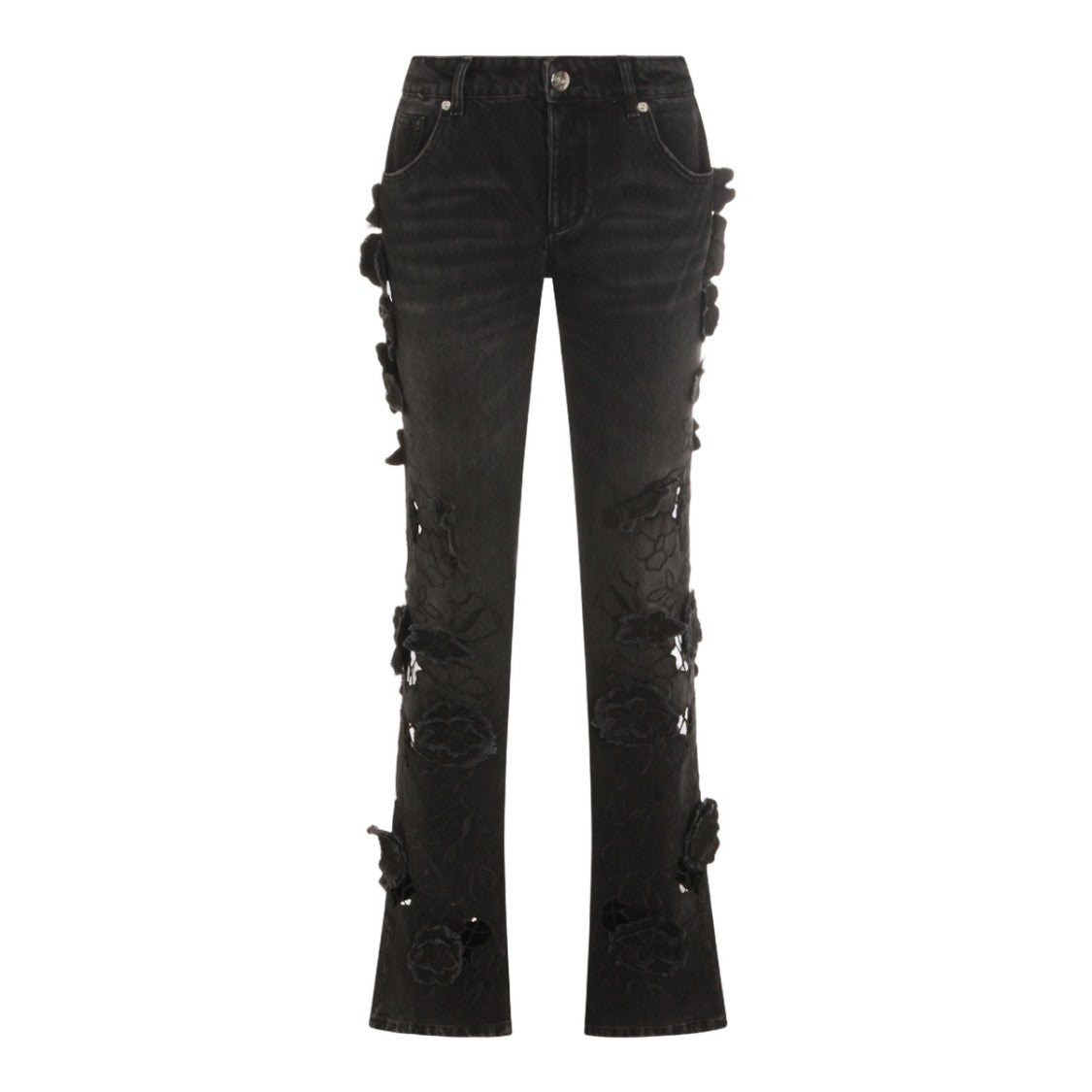 Blumarine Slim Fit Black Jeans With Floral Appliqués